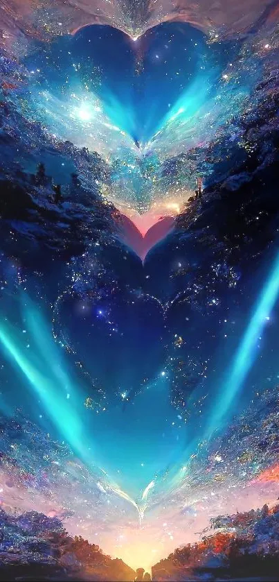 Vibrant cosmic heart fantasy mobile wallpaper in blue and pink hues.