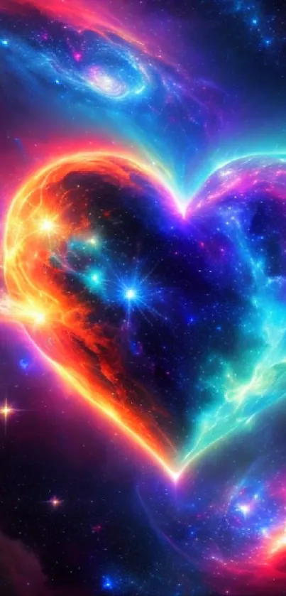 Galaxy-inspired neon heart mobile wallpaper with vibrant colors and cosmic patterns.