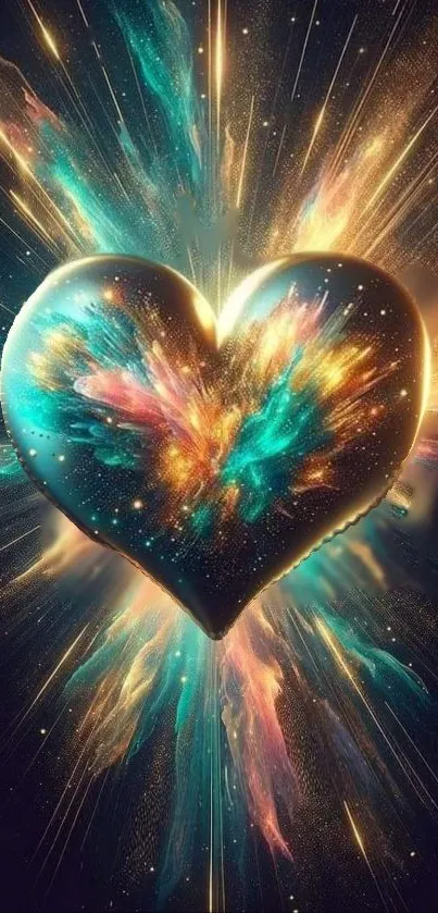 Vibrant heart with cosmic bursts on a dark background.