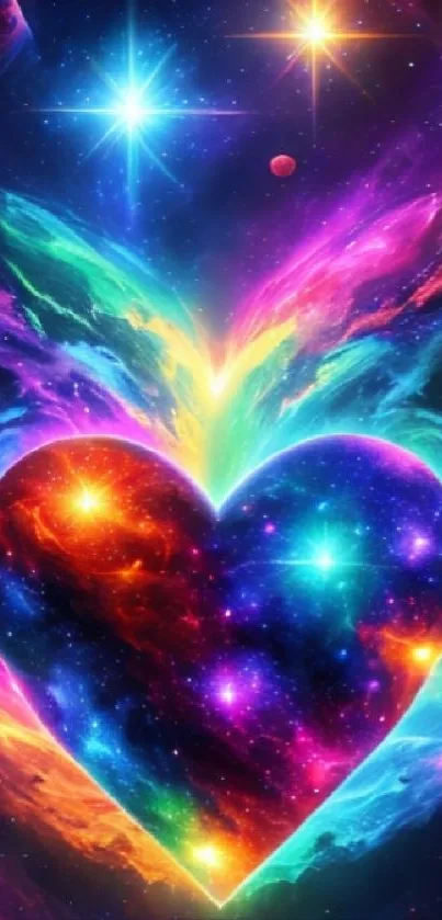 Vibrant cosmic heart with galaxy colors and stars in space.