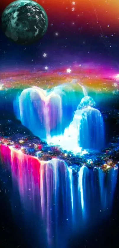 Cosmic neon heart-shaped waterfall wallpaper with vibrant colors.