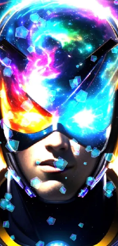 Futuristic cosmic helmet with vibrant galaxy design.