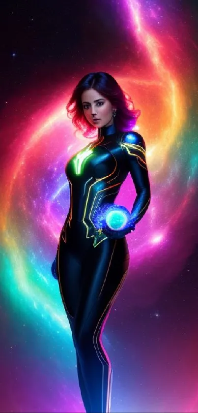 Cosmic heroine in vibrant galaxy with neon colors.