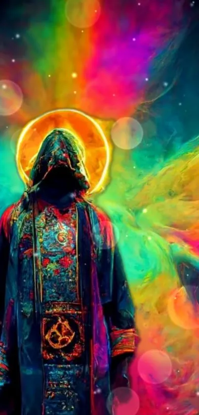 Colorful cosmic wallpaper with a hooded figure and vibrant hues.