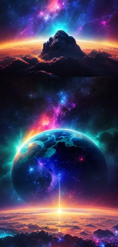 Vibrant cosmic wallpaper with colorful galaxy and planet.