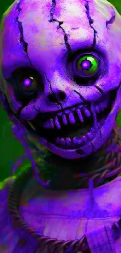 Eerie cosmic figure with purple tones and green eyes on a mobile wallpaper.