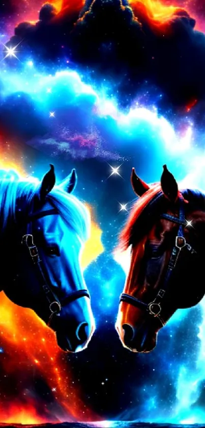 Vibrant cosmic wallpaper with two colored horses and nebula hues.