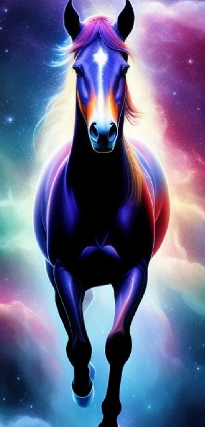 Colorful cosmic horse in galaxy-themed wallpaper, perfect for mobile screens.