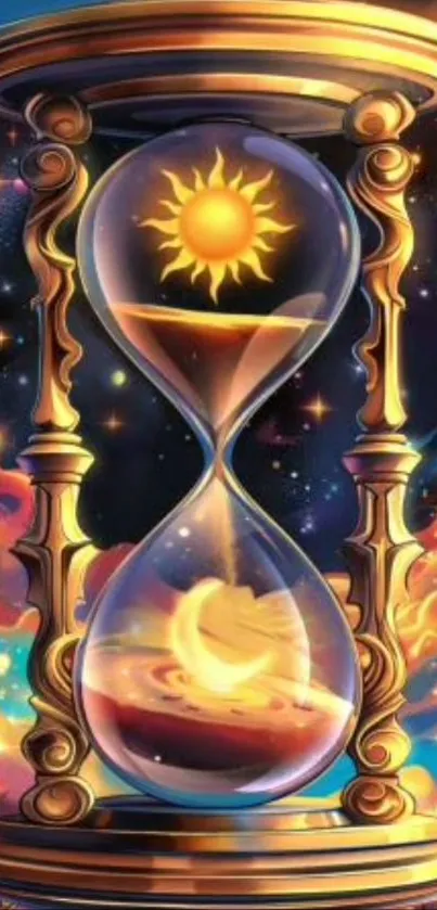 Colorful cosmic hourglass with sun and moon art design.