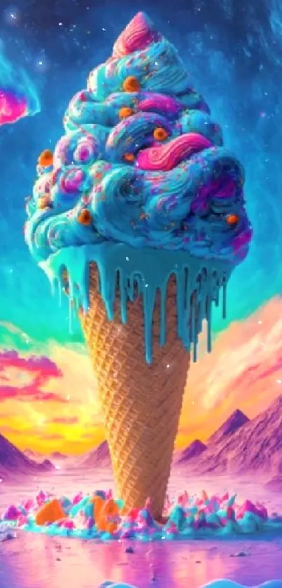 Surreal cosmic ice cream cone wallpaper with vibrant colors and dreamlike background.