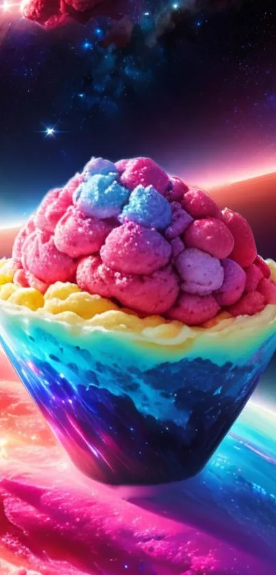 Vibrant cosmic ice cream cone against a colorful galaxy backdrop.