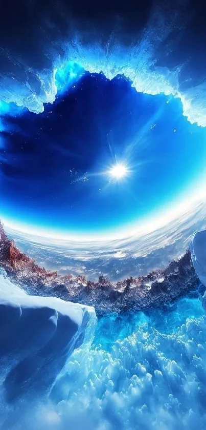 Dynamic cosmic ice landscape with vibrant blue hues.