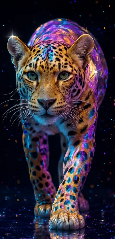 A vibrant jaguar with colorful lights against a starry cosmic backdrop.