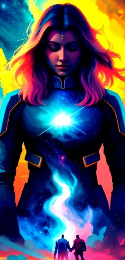 Fantasy figure with cosmic background and vibrant colors, perfect for mobiles.