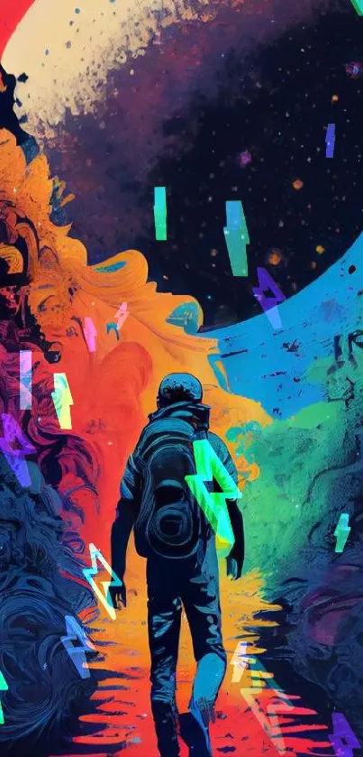 Vibrant cosmic journey with mysterious traveler in colorful abstract art style.