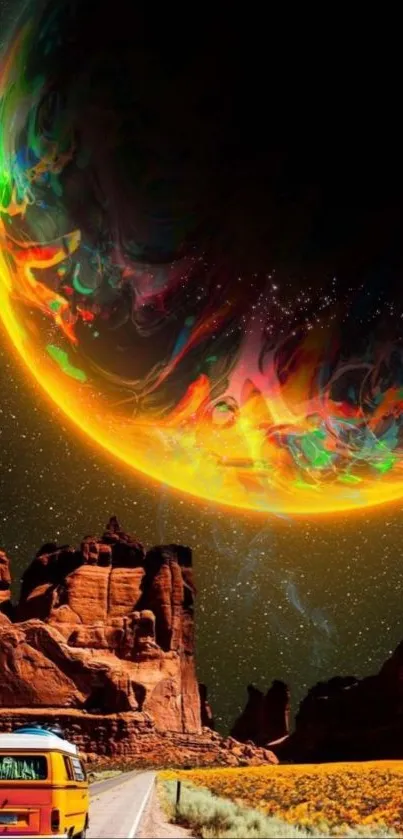 Colorful planet over desert road with van at night.