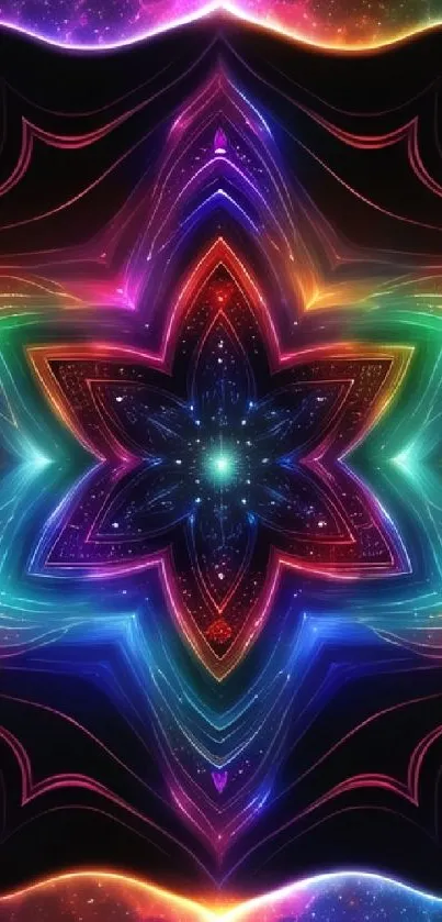 Vibrant cosmic kaleidoscope wallpaper with colorful geometric patterns.