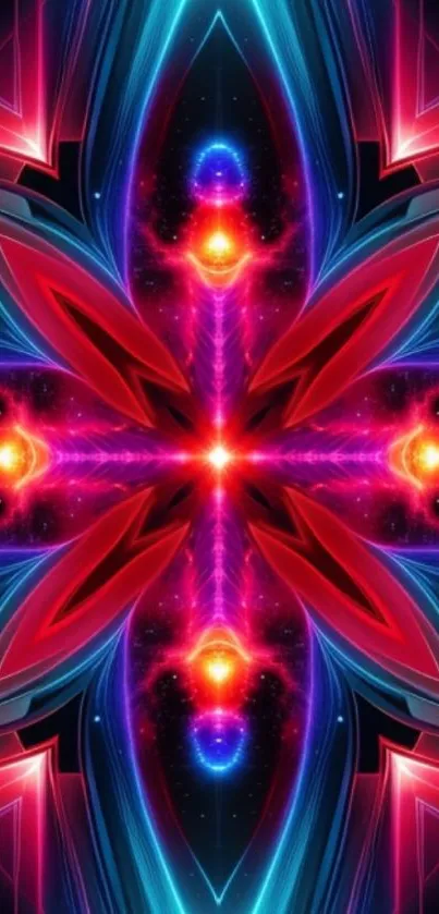 Vibrant cosmic kaleidoscope mobile wallpaper design with bright colors.