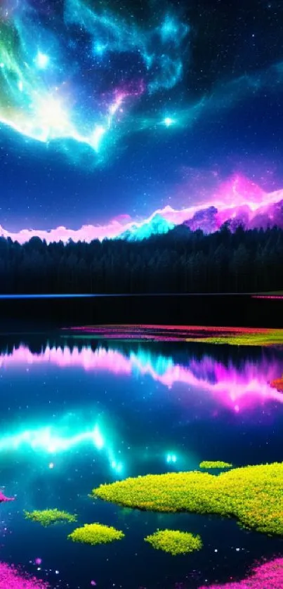 Vibrant cosmic landscape with aurora and serene lake reflections.