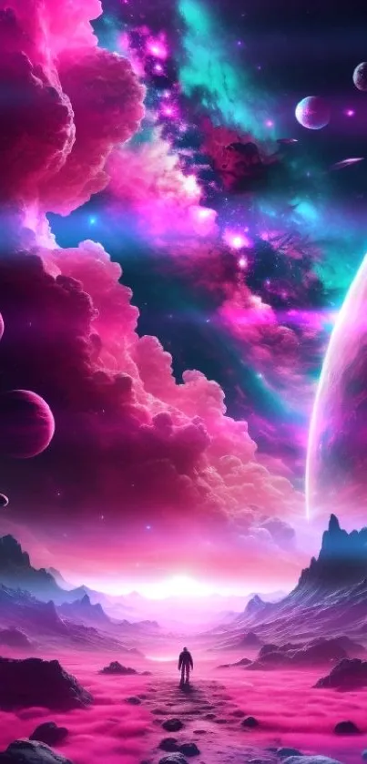 Vibrant cosmic landscape with pink tones.