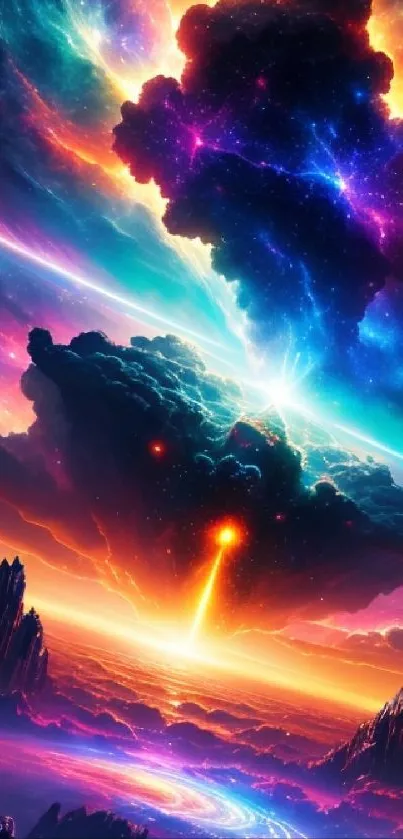 Vibrant cosmic landscape art with colorful clouds and a stunning horizon.