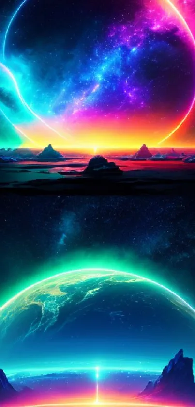 Vibrant cosmic landscape with neon glowing planet and night sky.