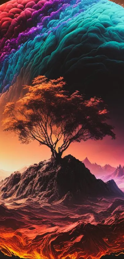 Colorful cosmic landscape with tree against fiery sky.