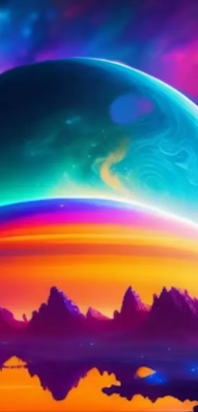 Vibrant cosmic landscape with planets and colorful mountains.