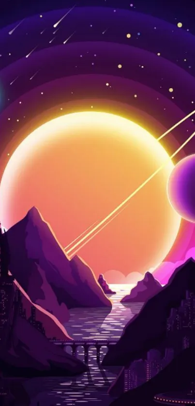 Vibrant cosmic landscape with planets and mountains in digital art style.