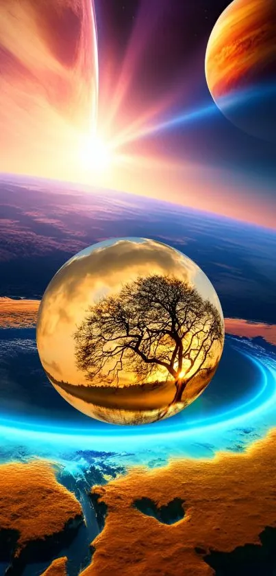 Vibrant cosmic landscape with planets and sunrise over horizon.