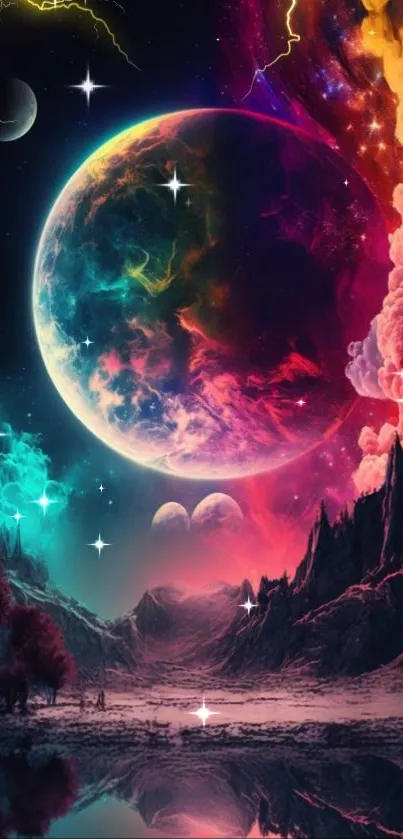 Vibrant and artistic cosmic landscape wallpaper featuring planets and nebulae.
