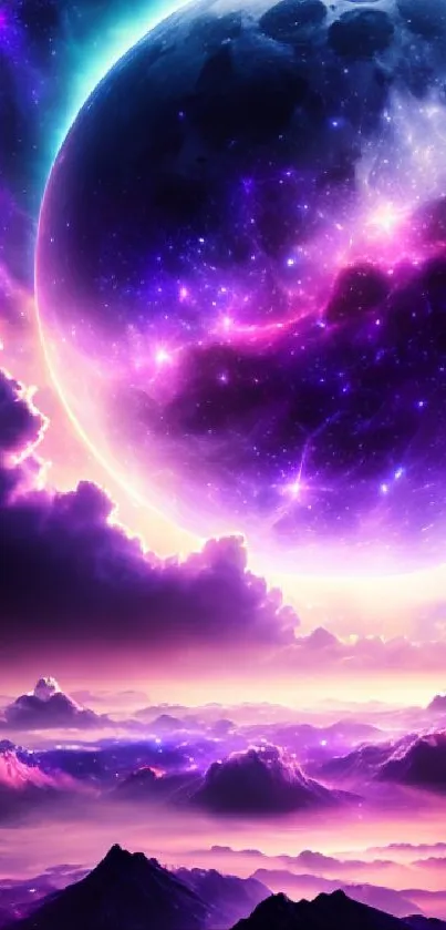 Vibrant cosmic landscape with glowing purple moon and galaxy.