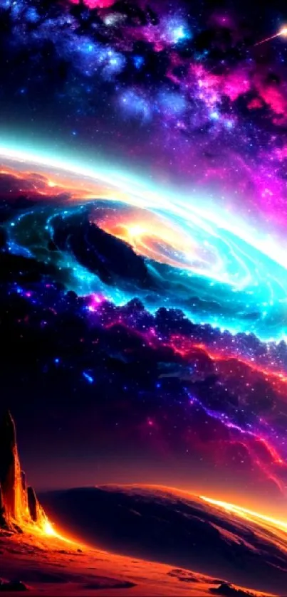 Vibrant cosmic scene with galaxy and nebula glowing in vivid colors.