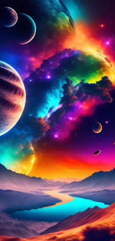 Vibrant cosmic landscape with planets and colorful galaxies.