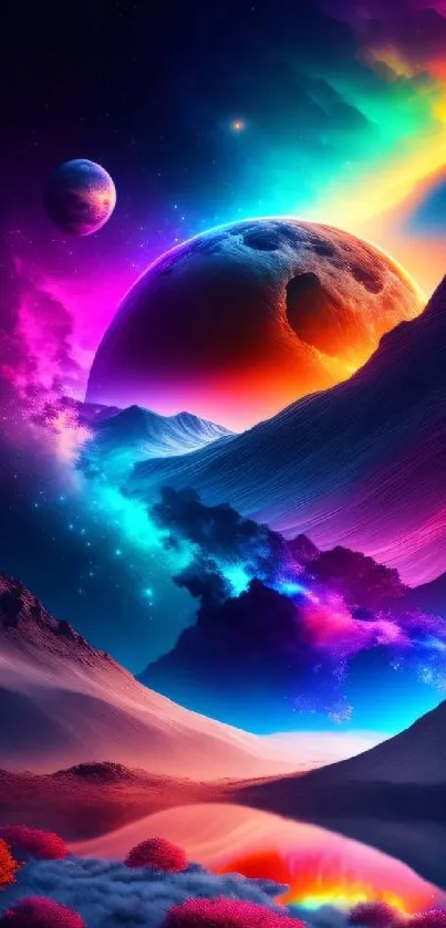 Vibrant cosmic landscape with planets and colorful scenery.