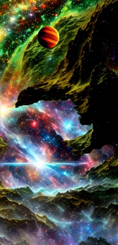 Colorful cosmic landscape with stars and nebulae in space.