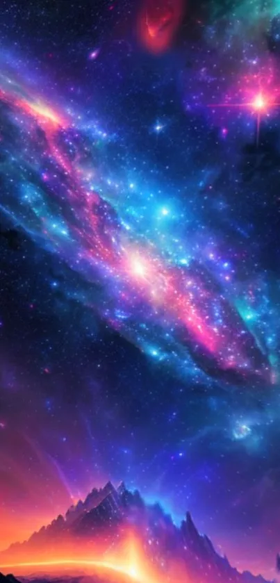 A vivid cosmic landscape with colorful galaxies and mystical terrains.