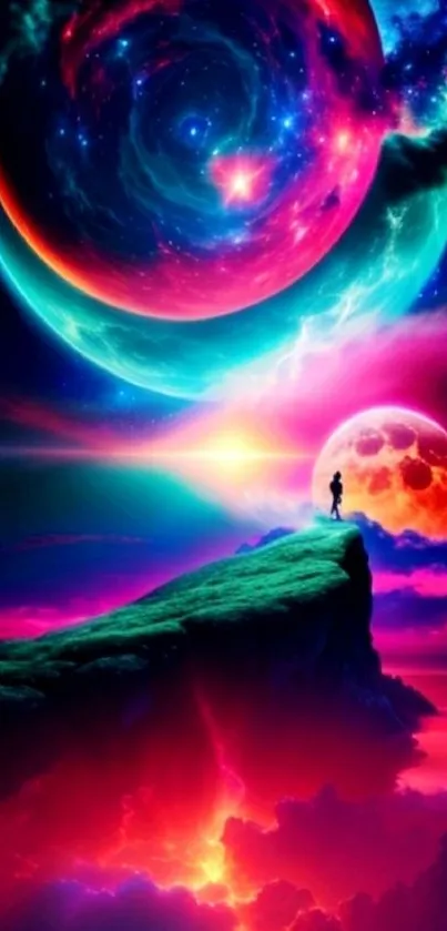 Vibrant cosmic landscape with planets and colorful sky.