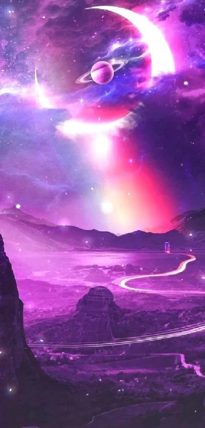 Vibrant cosmic landscape with a surreal purple sky and celestial elements.