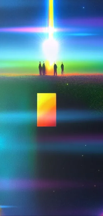 Vibrant cosmic landscape with celestial beam and silhouettes.