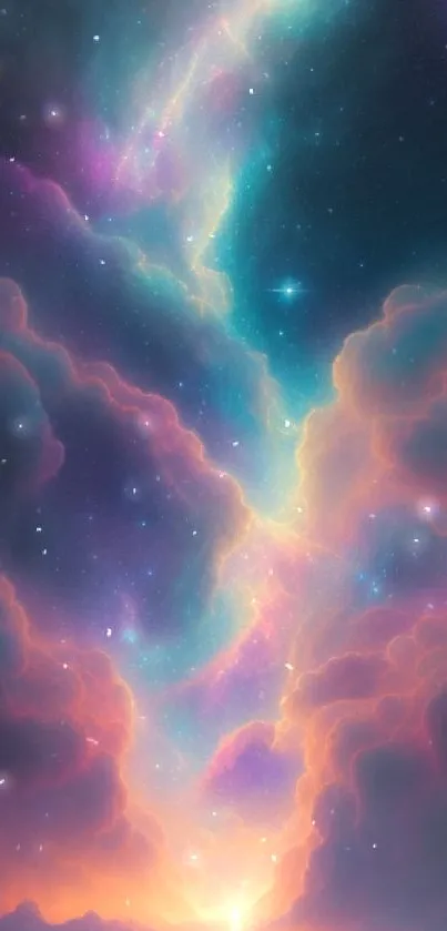 Vibrant cosmic landscape with colorful clouds and stars on mobile wallpaper.