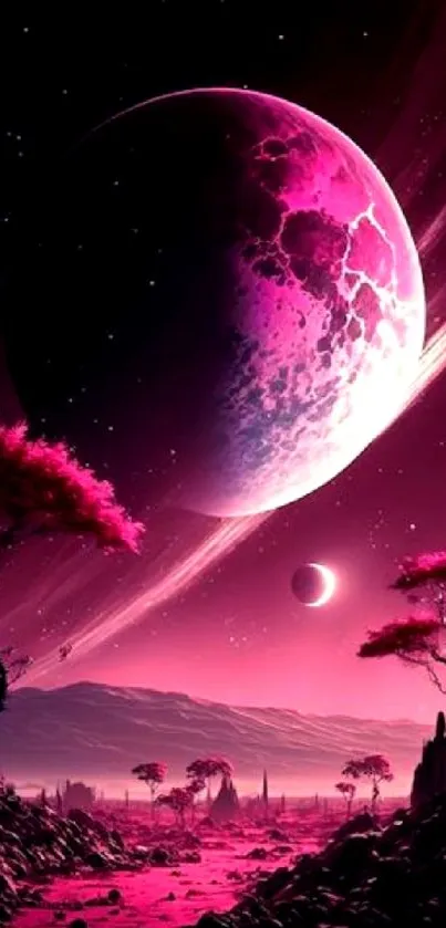 Vibrant pink cosmic landscape with planet and trees.