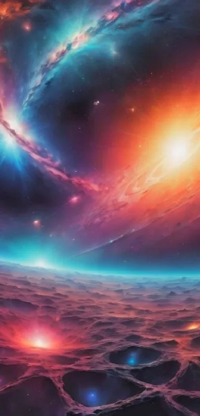 Vibrant cosmic wallpaper with swirling galaxies and colorful celestial bodies.