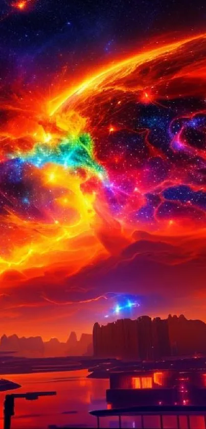 Vibrant cosmic landscape with nebula and glowing colors in the sky.