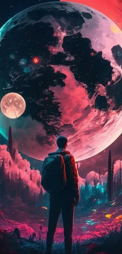 A person stands under a vibrant moon in a cosmic landscape with a colorful sky.
