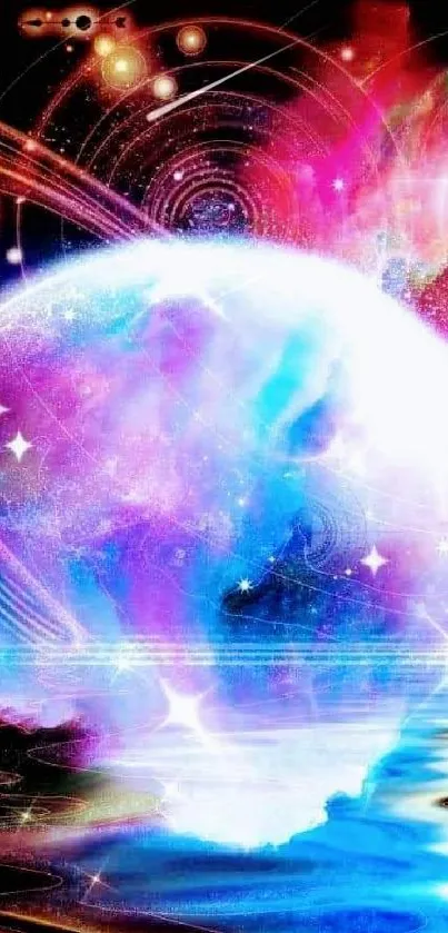 Vibrant cosmic wallpaper with glowing celestial elements.