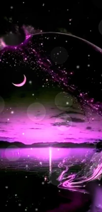 Purple cosmic landscape with crescent moon and stars.