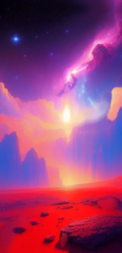 Vibrant cosmic landscape wallpaper with a sunset on a distant planet.