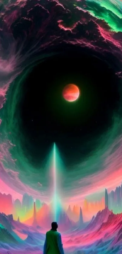 Colorful cosmic landscape with vibrant hues and a central celestial body.