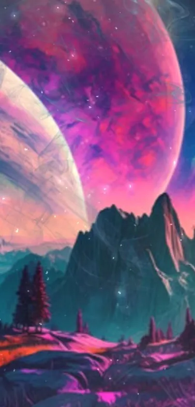 Vibrant cosmic landscape with planets and a starry sky for mobile wallpaper.